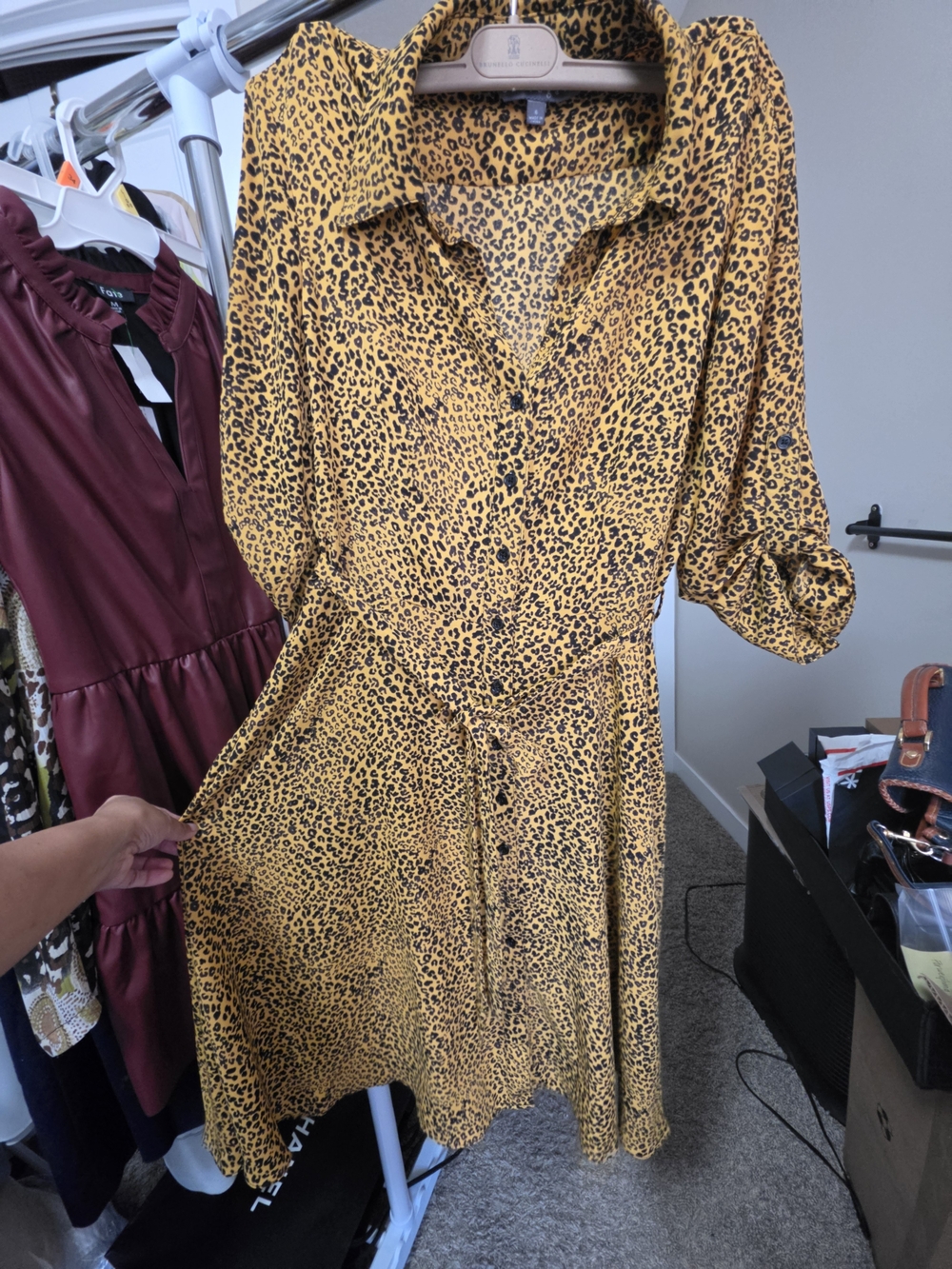 Sharagano Yellow Leopard-Print Midi Shirt Dress SIZE 6